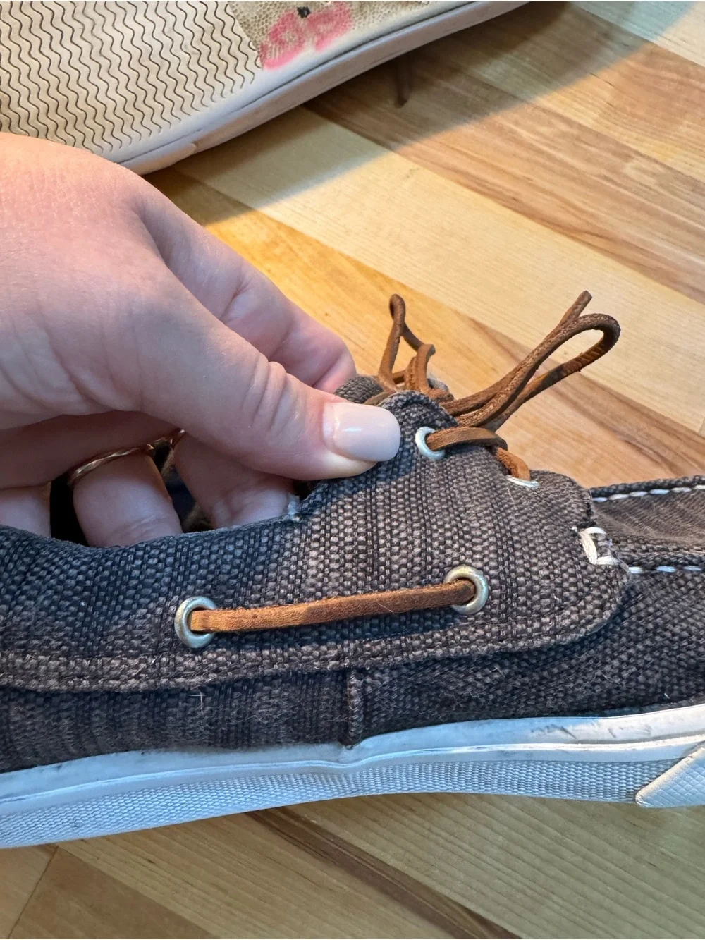 Sperry Gray Canvas Boat Shoes with Brown Laces